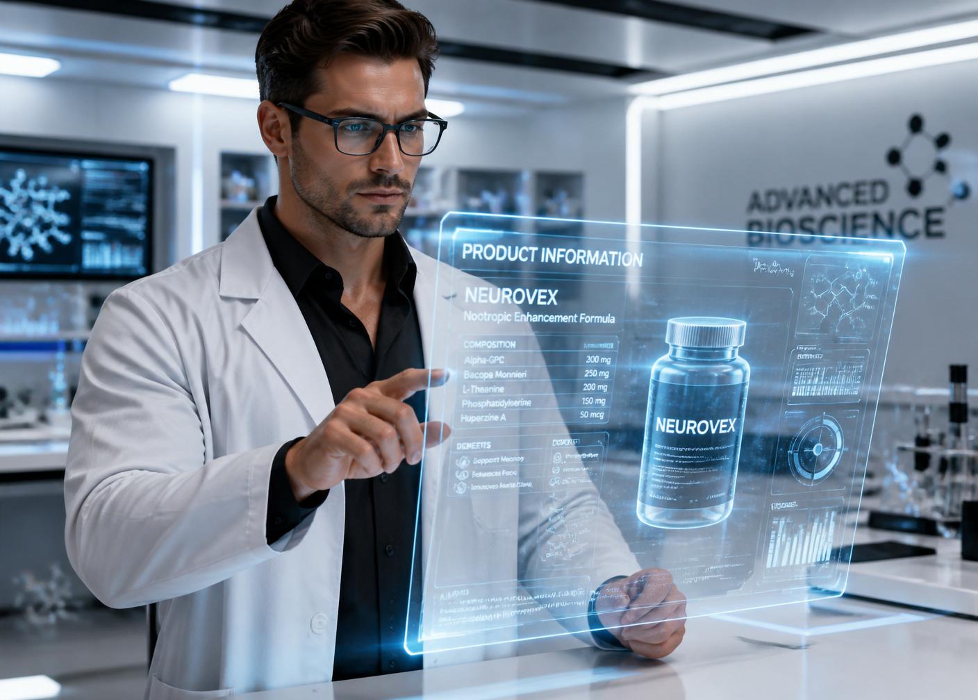 Fictional Lunexa Labs scientist reviewing product information on a holographic display